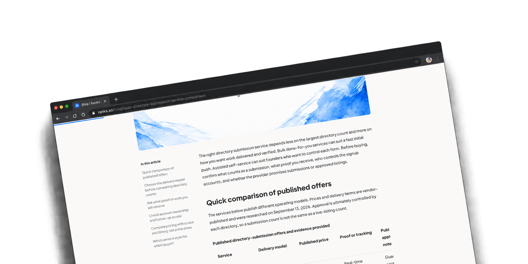 A published comparison article with branded visuals, contents navigation and a comparison table.